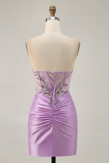 Sparkly Lilac Bodycon Strapless Short Homecoming Dress with Lace Up Back